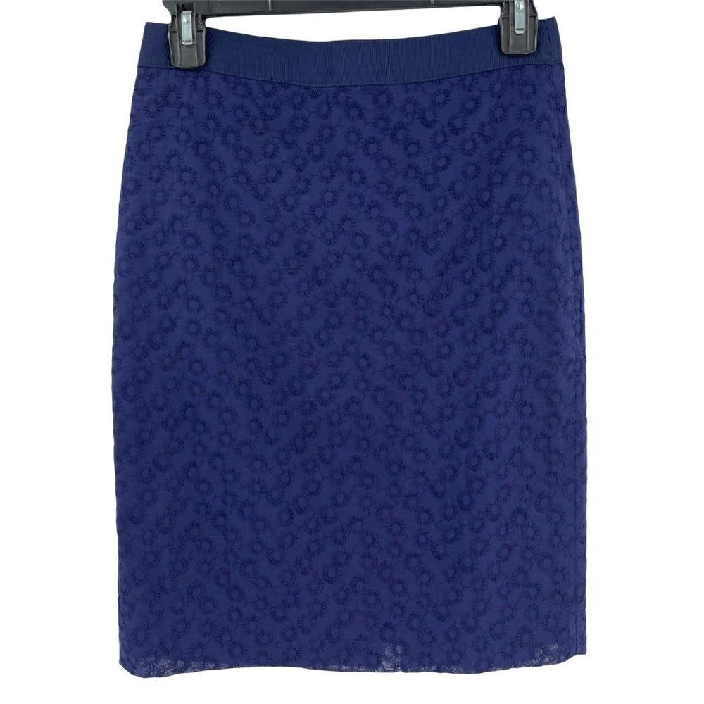 J. Crew‎ Daisy Embroidered Straight Pencil Skirt 100% Cotton Women Size 00 Navy